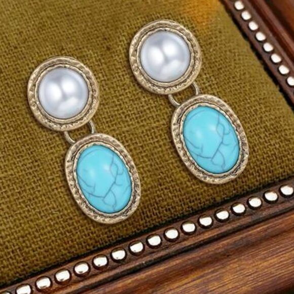 Western Turquoise Earrings | Cowgirl Vintage Dangle Earrings - Picture 1 of 6
